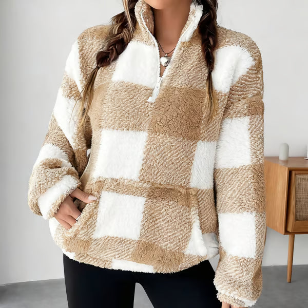 🍂Casual Plaid Pullover – Drop Shoulder Half-Zip Top for Women👩