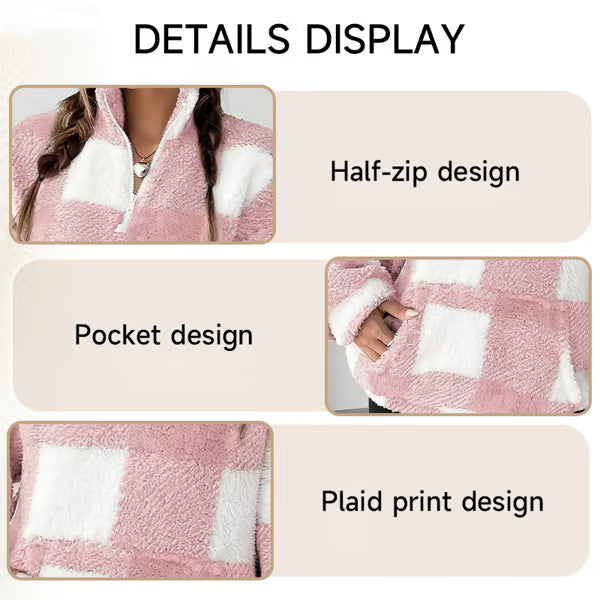 🍂Casual Plaid Pullover – Drop Shoulder Half-Zip Top for Women👩