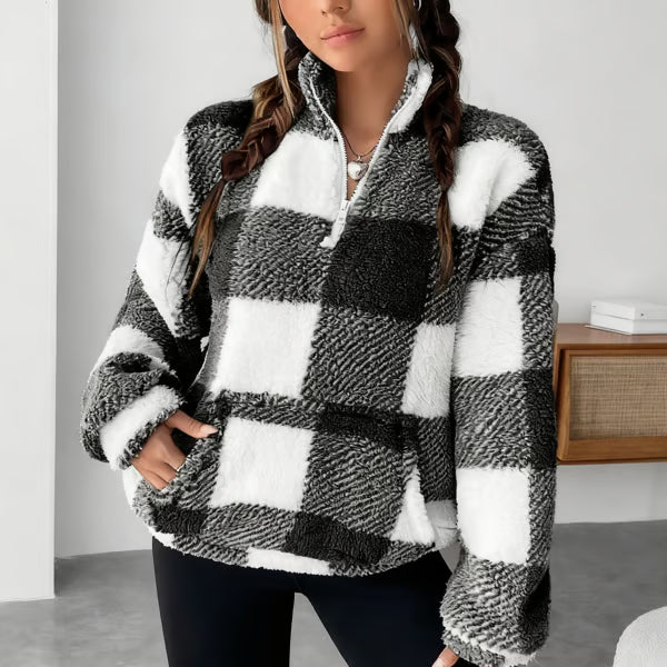 🍂Casual Plaid Pullover – Drop Shoulder Half-Zip Top for Women👩