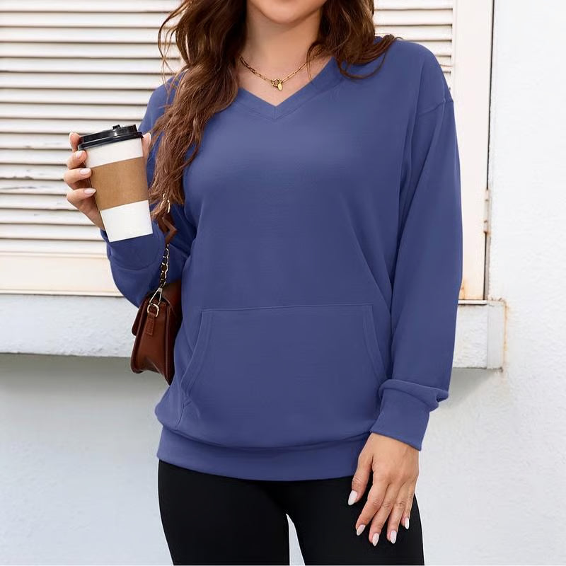Women's Hoodless V-Neck Kangaroo Pocket Sweatshirt