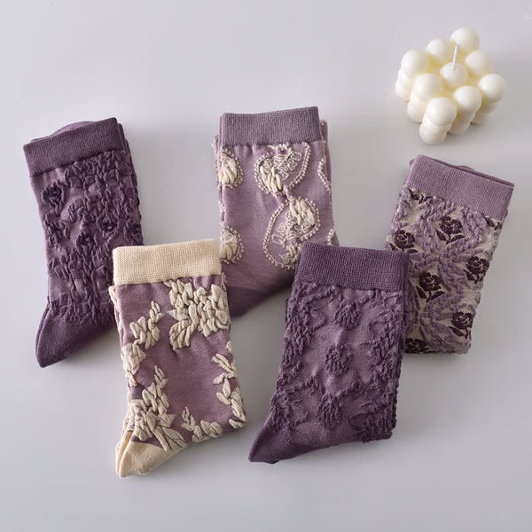 5 Pairs Women's Purple Vintage Floral Cotton Socks