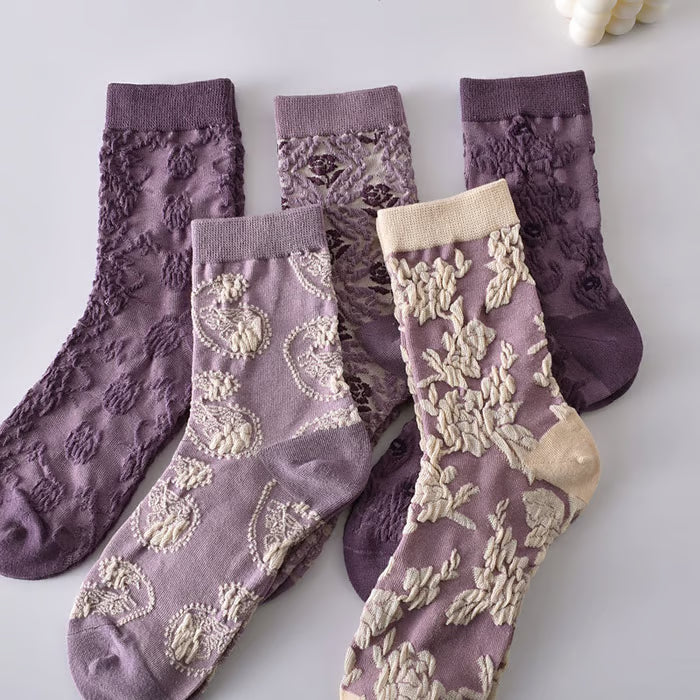 5 Pairs Women's Purple Vintage Floral Cotton Socks
