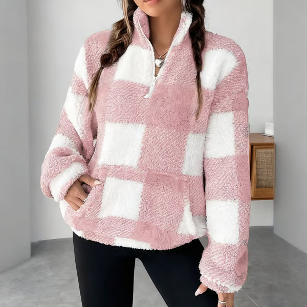 🍂Casual Plaid Pullover – Drop Shoulder Half-Zip Top for Women👩