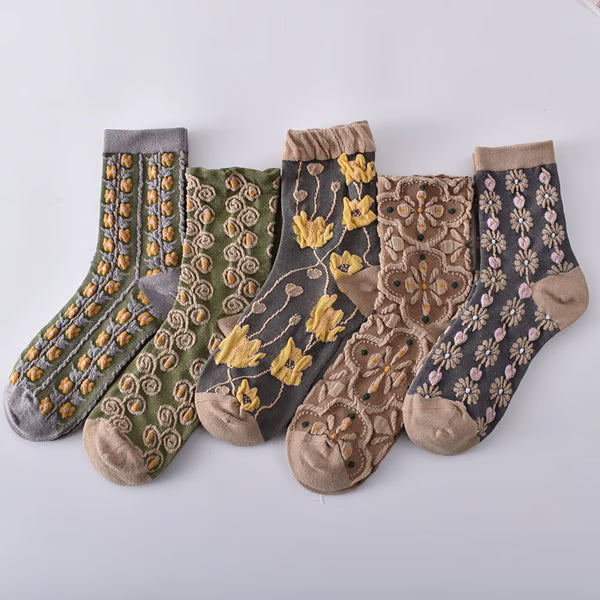 5 Pairs Women's Embossed Floral Cotton Socks