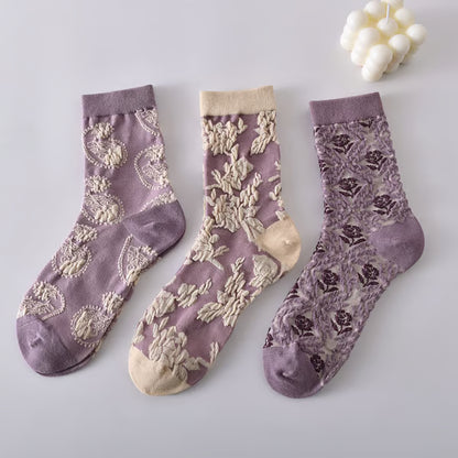 5 Pairs Women's Purple Vintage Floral Cotton Socks