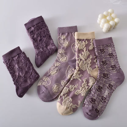 5 Pairs Women's Purple Vintage Floral Cotton Socks