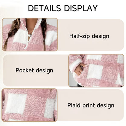 🍂Casual Plaid Pullover – Drop Shoulder Half-Zip Top for Women👩