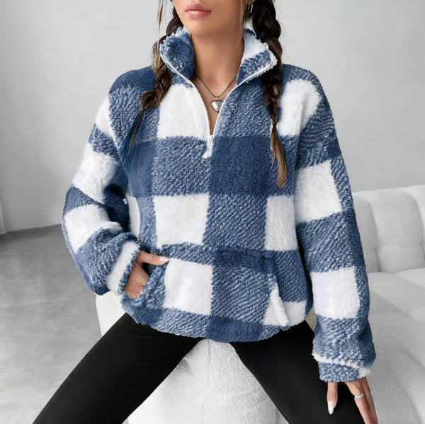 🍂Casual Plaid Pullover – Drop Shoulder Half-Zip Top for Women👩
