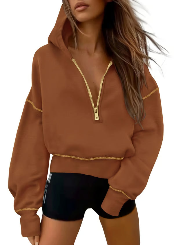 Women's Half Zip Hooded Long Sleeve Cropped Pullover