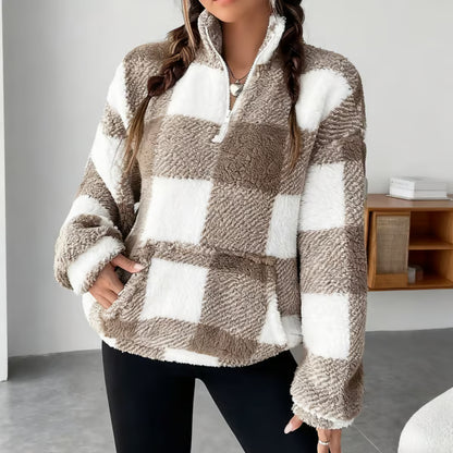 🍂Casual Plaid Pullover – Drop Shoulder Half-Zip Top for Women👩