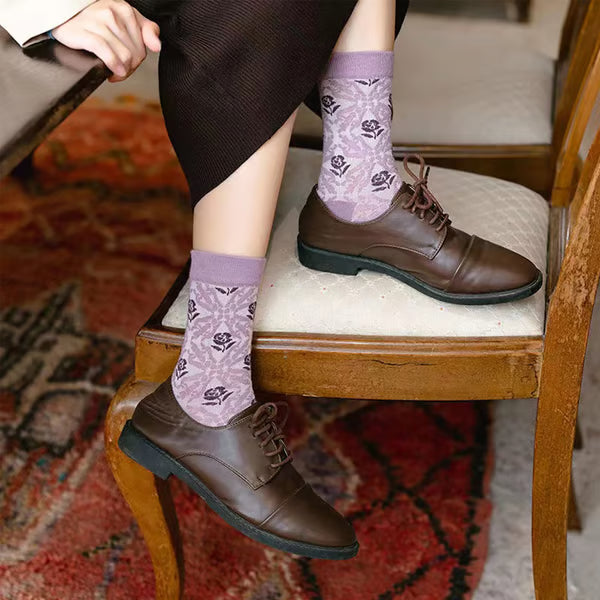 5 Pairs Women's Purple Vintage Floral Cotton Socks
