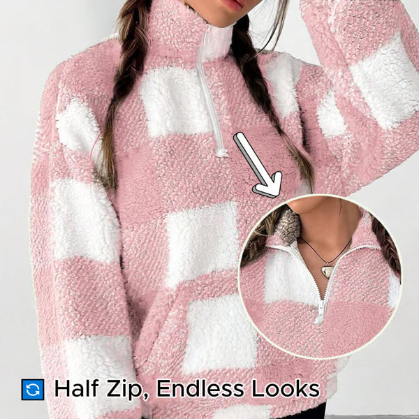 🍂Casual Plaid Pullover – Drop Shoulder Half-Zip Top for Women👩