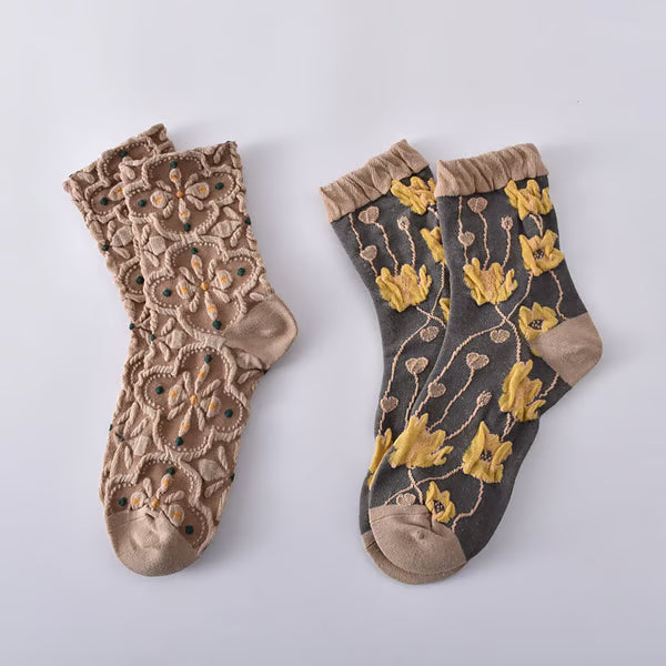 5 Pairs Women's Embossed Floral Cotton Socks