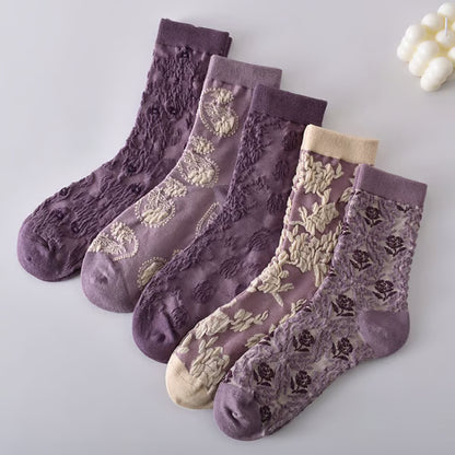 5 Pairs Women's Purple Vintage Floral Cotton Socks