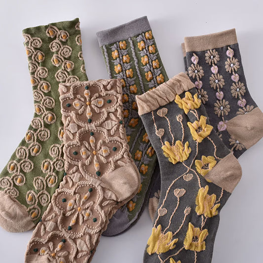 5 Pairs Women's Embossed Floral Cotton Socks