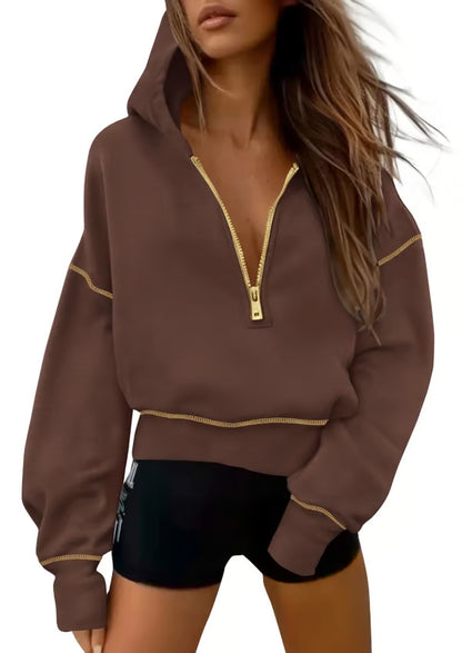 Women's Half Zip Hooded Long Sleeve Cropped Pullover