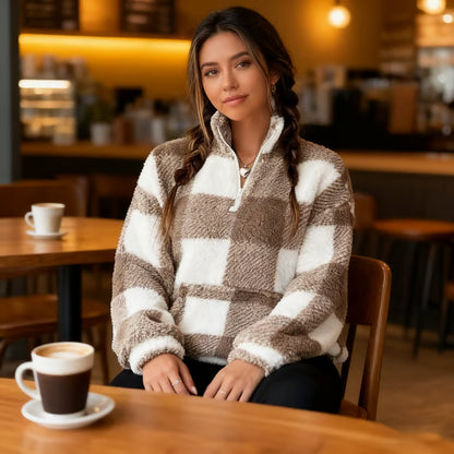 🍂Casual Plaid Pullover – Drop Shoulder Half-Zip Top for Women👩