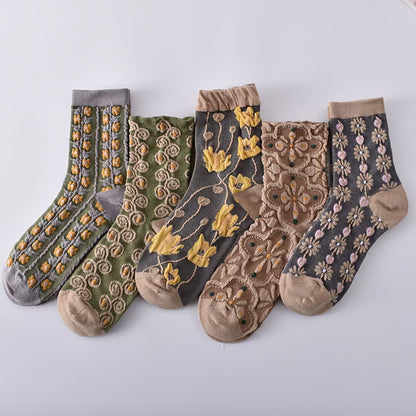 5 Pairs Women's Embossed Floral Cotton Socks