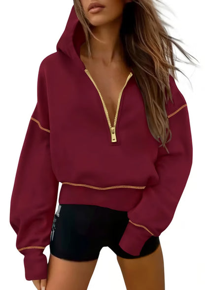 Women's Half Zip Hooded Long Sleeve Cropped Pullover