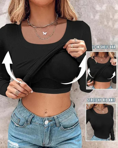 🔥Neck Built-in Bra Long Sleeve Ribbed Top Shirts Elegant Skinny Fit Fabric💥