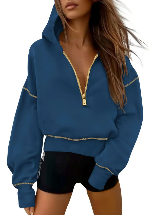 Women's Half Zip Hooded Long Sleeve Cropped Pullover